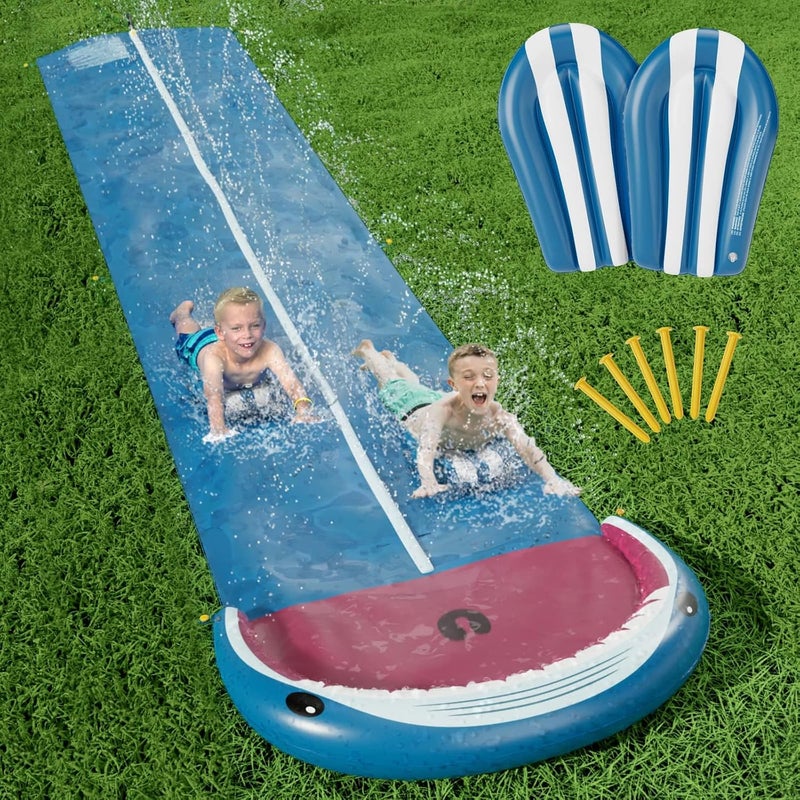 Jasonwell Slip and Water Slide - 20Ft Heavy Duty Lawn Slip Waterslide for Kids Adults with Splash Sprinkler N 2 Bodyboards Backyard Summer Outside Outdoor Water Play Toys  (Shark-2Lanes) - Image 2