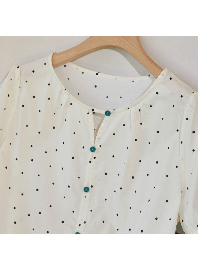 XINYANG Women's Cotton Shirt 2025 Summer Round Neck Polka Dot Short Sleeve Top Single Button Cute Blouse - Image 4
