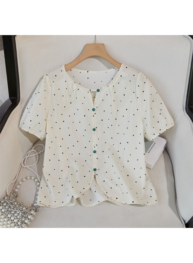 XINYANG Women's Cotton Shirt 2025 Summer Round Neck Polka Dot Short Sleeve Top Single Button Cute Blouse - Image 2