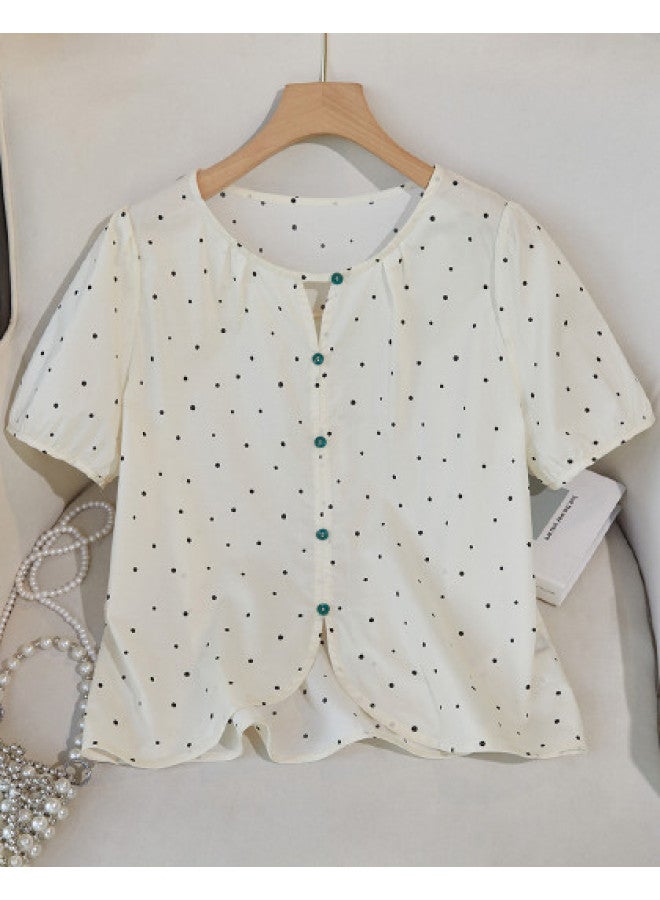 XINYANG Women's Cotton Shirt 2025 Summer Round Neck Polka Dot Short Sleeve Top Single Button Cute Blouse - Image 1