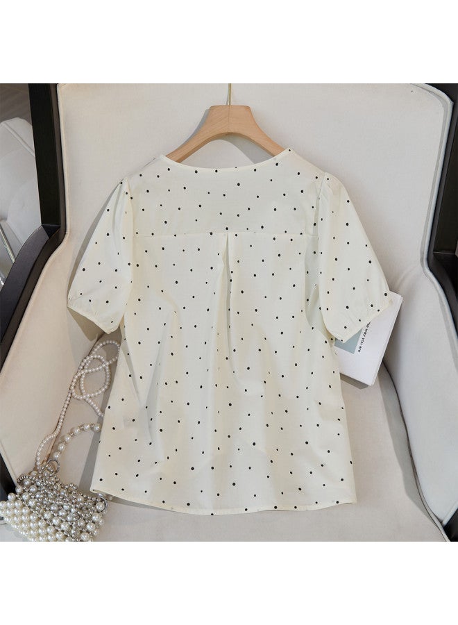 XINYANG Women's Cotton Shirt 2025 Summer Round Neck Polka Dot Short Sleeve Top Single Button Cute Blouse - Image 3