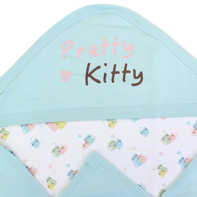 Junior Cotton Baby Blanket – Aqua & Off-White with Pretty Kitty Cat Design - Image 2