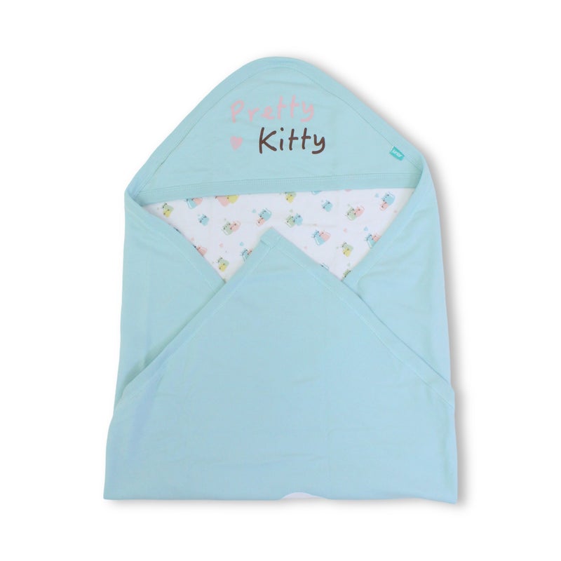 Junior Cotton Baby Blanket – Aqua & Off-White with Pretty Kitty Cat Design - Image 1