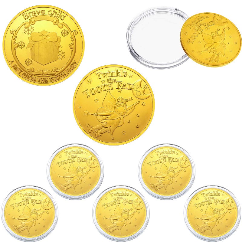 Tooth Fairy Gold Coins for Kids Boys Girls Lost Teeth Reward Commemorative Coin Tooth Fairy Golden Coin with Plastic Case No Fading Tooth Fairy Commemorative Coin for Lost Tooth Kids 5 Pieces