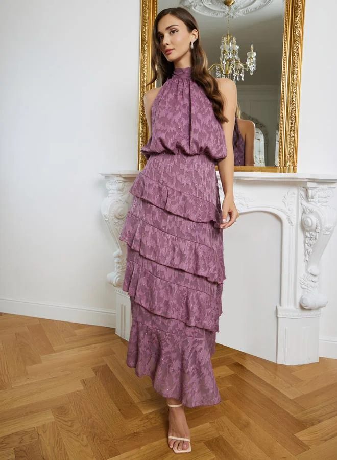 Styli Women Ruffle Layered Jacquard Maxi Dress