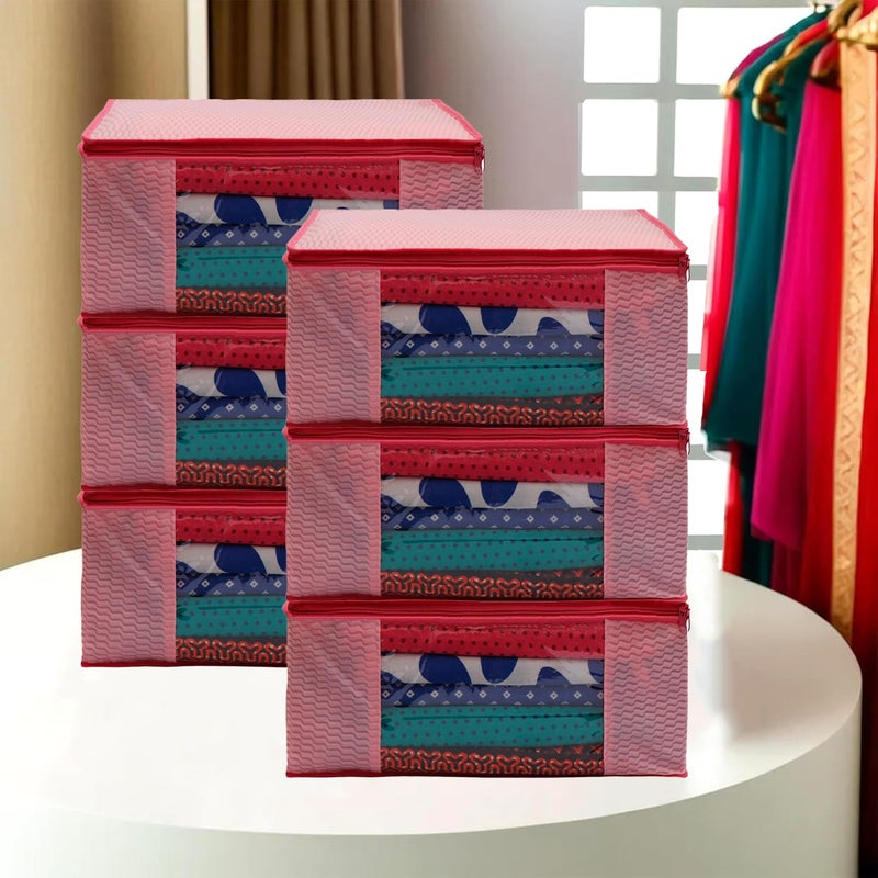 Shaping Fabric Garment Cover - Non-Woven 90 GSM with Transparent Window & Double Metal Zipper - Pack of 6 Dustproof Storage Bags for Sarees, Suits, Jackets, and Shirts - Image 1