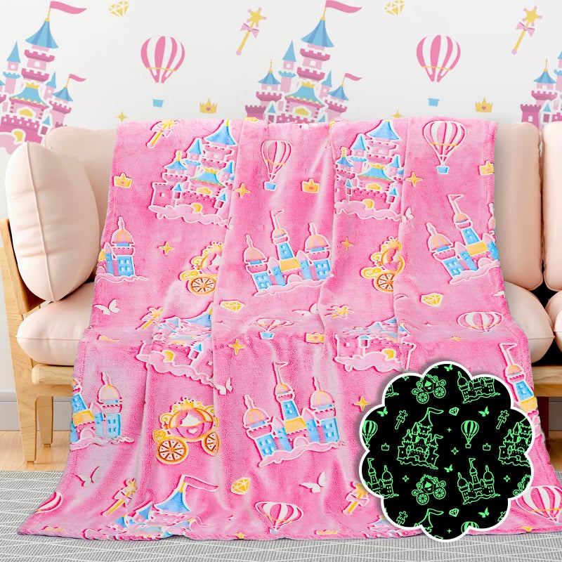 BORORO Princess Blanket for Girls  Princess Gifts Glow in The Dark Pink Blanket Castle Toys Birthday Gifts for Toddler Kids Girls Women