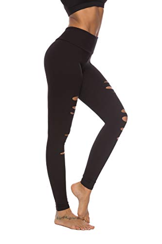 DIBAOLONG Womens High Waist Yoga Pants Cutout Ripped Tummy Control Workout Running Yoga Skinny Leggings Black M - Image 2