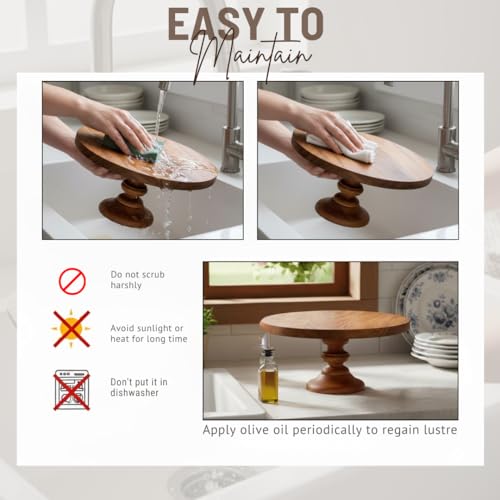 SAAGA Round Wooden Cake Stand | 12 x 6 Inch Selio Serving Platter for Cake, Pizza & Snacks | Premium Tabletop Display Stand – Brown - Image 3