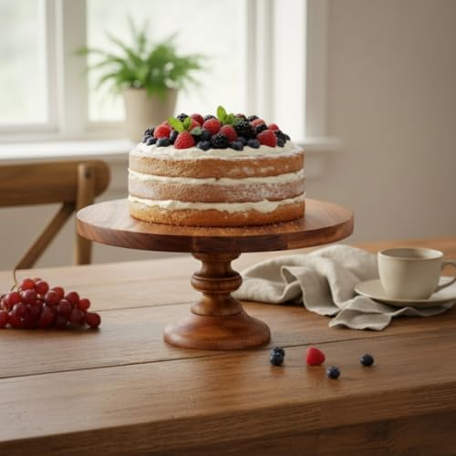 SAAGA Round Wooden Cake Stand | 12 x 6 Inch Selio Serving Platter for Cake, Pizza & Snacks | Premium Tabletop Display Stand – Brown - Image 1