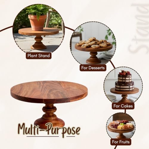 SAAGA Round Wooden Cake Stand | 12 x 6 Inch Selio Serving Platter for Cake, Pizza & Snacks | Premium Tabletop Display Stand – Brown - Image 4
