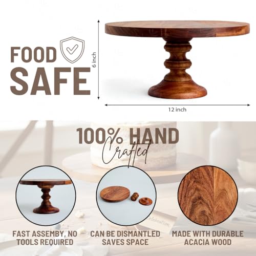 SAAGA Round Wooden Cake Stand | 12 x 6 Inch Selio Serving Platter for Cake, Pizza & Snacks | Premium Tabletop Display Stand – Brown - Image 2