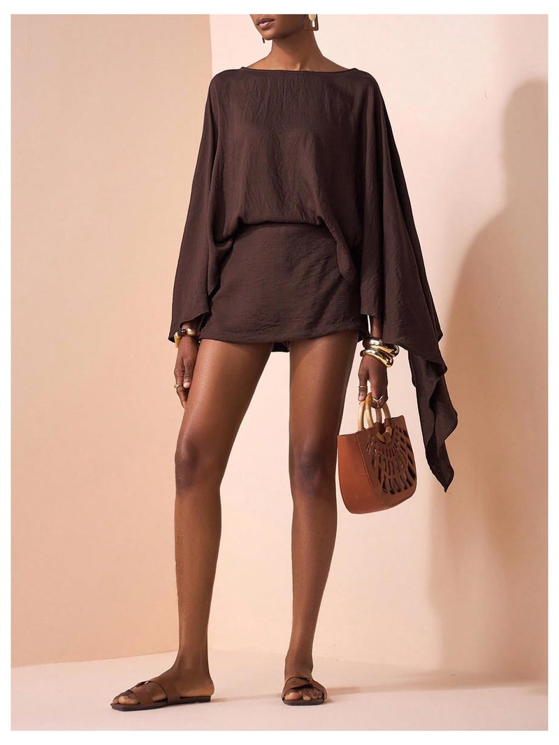 MakeMeChic Women's Linen Two Piece Set Summer Poncho Tops and Skort Going Out Beach Vacation Outfits Brown Medium - Image 4