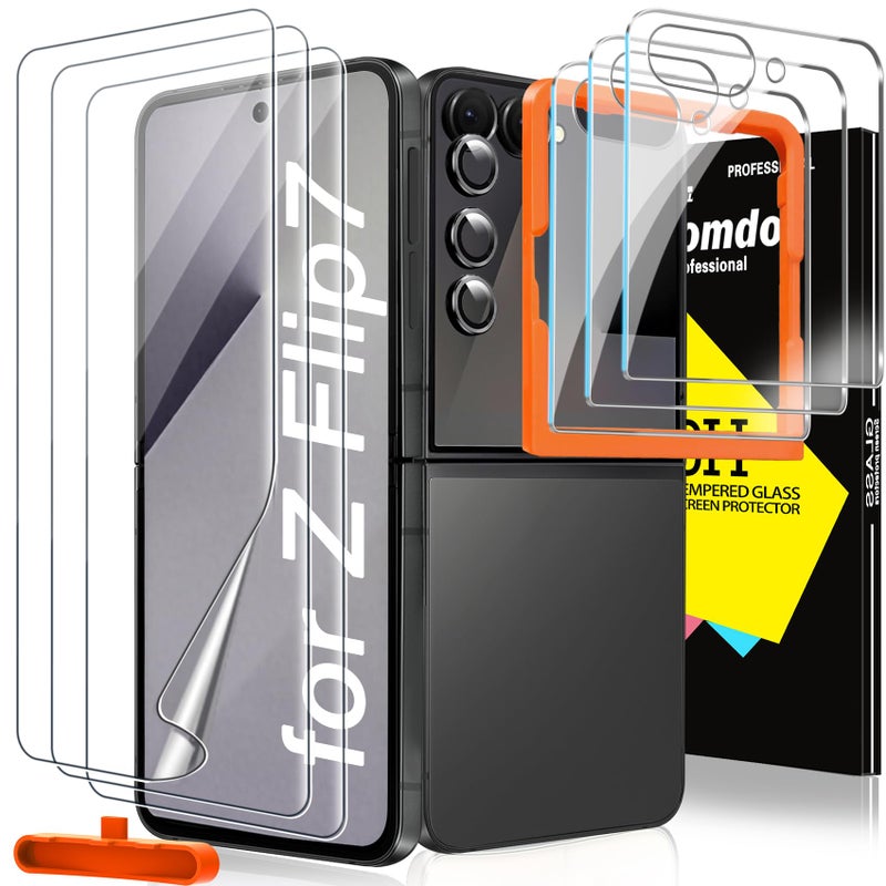 Milomdoi 9 in 1 Screen Protector for Samsung Galaxy Z Flip 7, 3 Inside Flexible Film + 3 Front Tempered Glass + 3 Camera Lens Protector Accessories with Installation Frame,Clear - Image 1