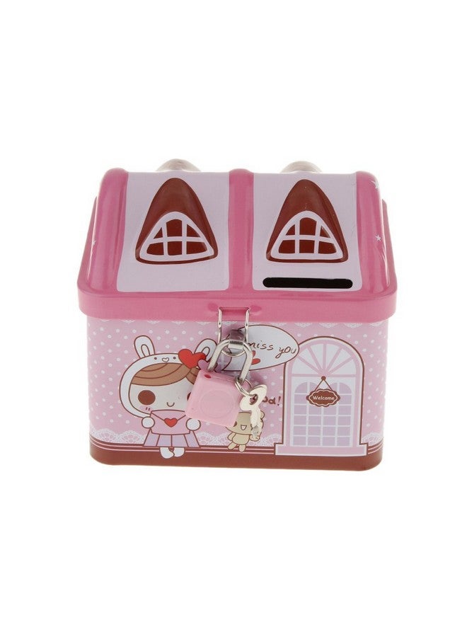 SYGA 1 Piece Money Saving House Shape Tin,Coin Bank with Lock and Key_Pink - Image 1