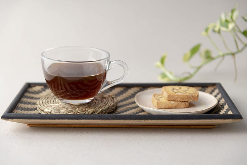 Kadam Haat Handmade Bamboo Rectangular Serving Tray, Cereal Plate, Tea/Drink Platter, Dinner Serving, Snack Tray | (Small), Black & Natural) - Image 3