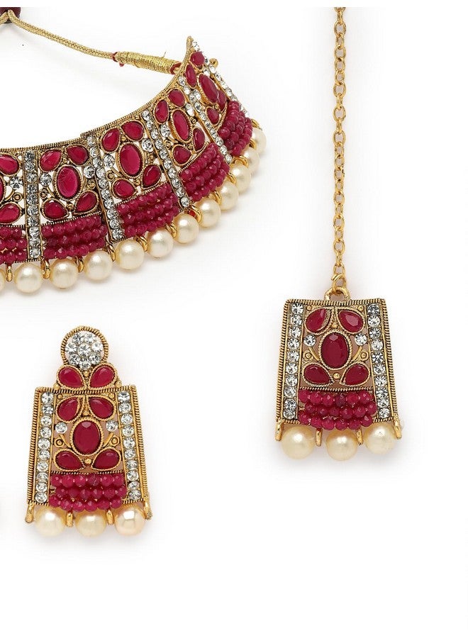 سوكهي طقم قلادة سوكهي الرائعة الفريدة من نوعها من حجر راني الوردي مع اللؤلؤ مع قرط وماانجتيكا | مجموعة مجوهرات للنساء (NS105653) - Image 5