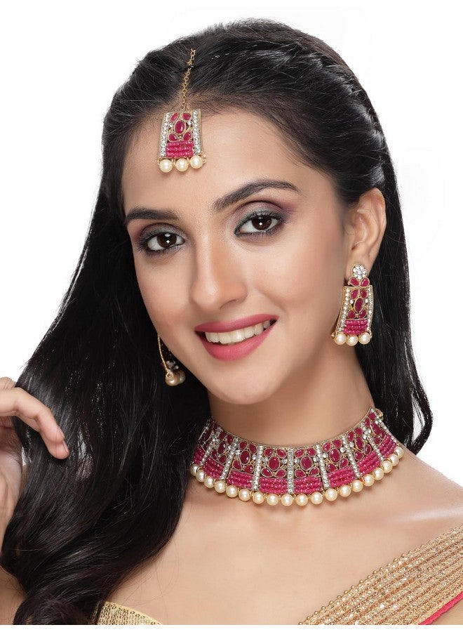 سوكهي طقم قلادة سوكهي الرائعة الفريدة من نوعها من حجر راني الوردي مع اللؤلؤ مع قرط وماانجتيكا | مجموعة مجوهرات للنساء (NS105653) - Image 2