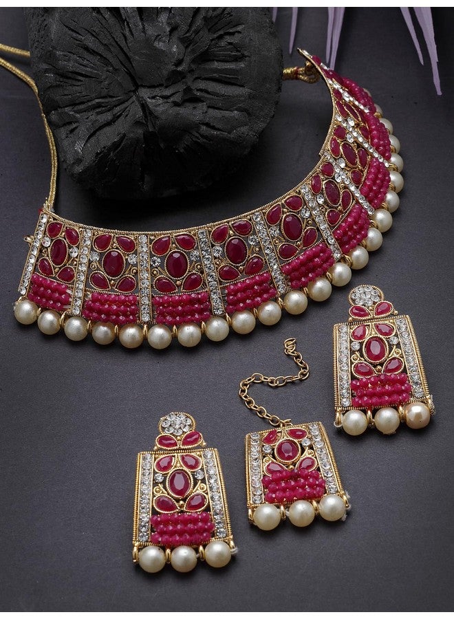 سوكهي طقم قلادة سوكهي الرائعة الفريدة من نوعها من حجر راني الوردي مع اللؤلؤ مع قرط وماانجتيكا | مجموعة مجوهرات للنساء (NS105653) - Image 3