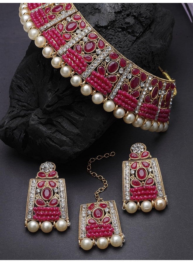 سوكهي طقم قلادة سوكهي الرائعة الفريدة من نوعها من حجر راني الوردي مع اللؤلؤ مع قرط وماانجتيكا | مجموعة مجوهرات للنساء (NS105653) - Image 4