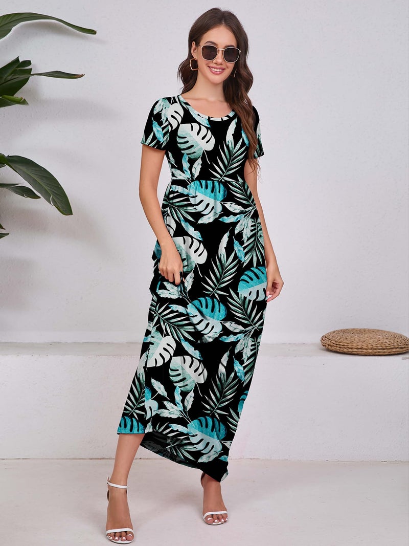 DEARCASE Women Floral Maxi Dress Black Rainforest Large Round Neck Boho Short Sleeve Sundresses A-line Casual Hawaiian Flowy Party Spring Summer Vacation Beach Long Dresses with Pockets - Image 5