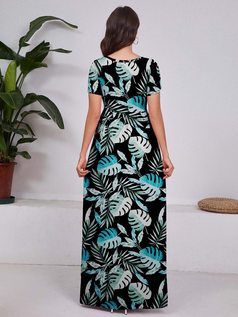 DEARCASE Women Floral Maxi Dress Black Rainforest Large Round Neck Boho Short Sleeve Sundresses A-line Casual Hawaiian Flowy Party Spring Summer Vacation Beach Long Dresses with Pockets - Image 2