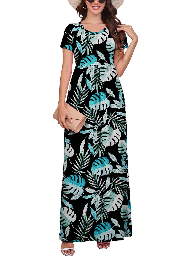 DEARCASE Women Floral Maxi Dress Black Rainforest Large Round Neck Boho Short Sleeve Sundresses A-line Casual Hawaiian Flowy Party Spring Summer Vacation Beach Long Dresses with Pockets - Image 1