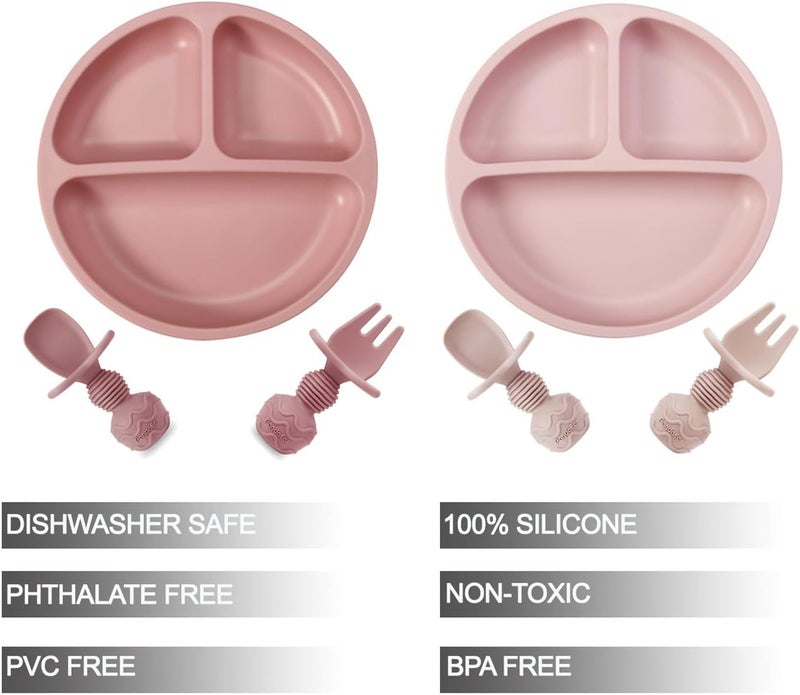 PandaEar أطباق سحب مقسمة للأطفال من باندا إير - عبوة من 2 مع ملعقتين و2 شوكتين للأطفال الرضع - أدوات تغذية ذاتية الصنع من السيليكون - مجموعة تغذية للأطفال خالية من BPA - باللون الوردي - Image 3