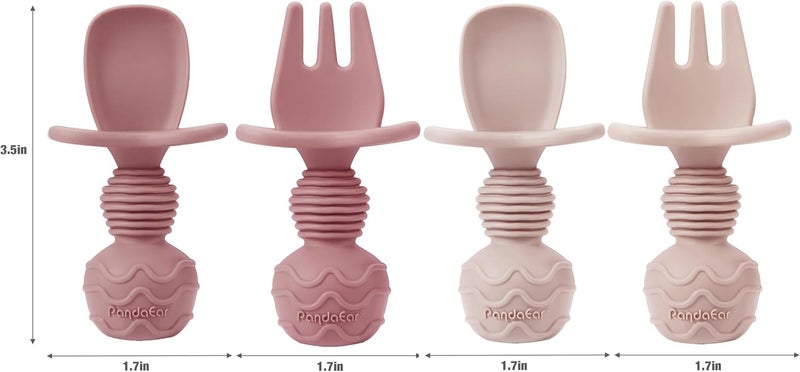 PandaEar أطباق سحب مقسمة للأطفال من باندا إير - عبوة من 2 مع ملعقتين و2 شوكتين للأطفال الرضع - أدوات تغذية ذاتية الصنع من السيليكون - مجموعة تغذية للأطفال خالية من BPA - باللون الوردي - Image 4