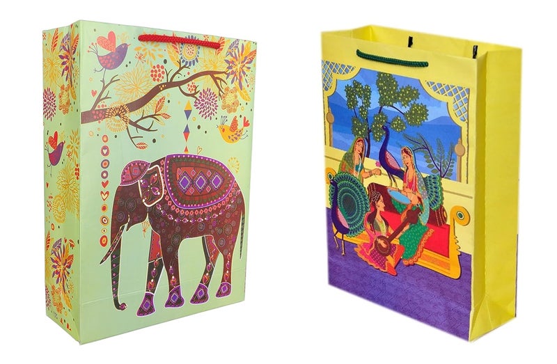 TASCHE TASCHE Tambura and Green Elephant Design Printed Assorted Gift Paper Bags Gift Bags for Return gifts and Wedding presents 11 8 3 Inches Pack of 40 