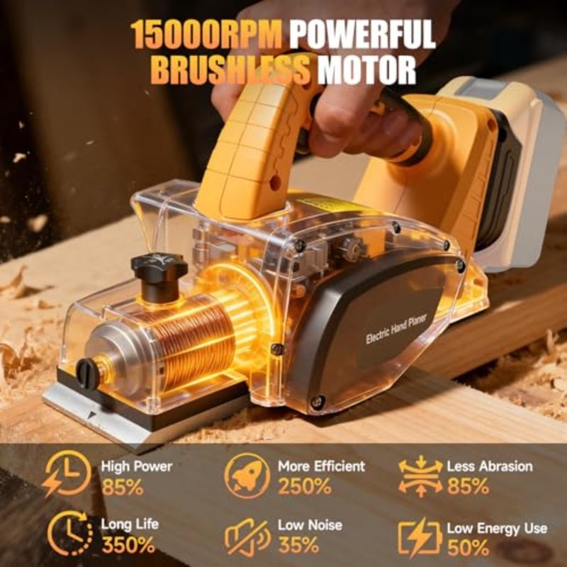 Cordless Hand Planer for De-walt 20v Battery, 3-1/4 Inch Electric Wood Planer 15000 RPM with Depth Adjustment and Safety Lock, Brushless Motor Handheld Planer for Woodworking and Home DIY No Battery - Image 4