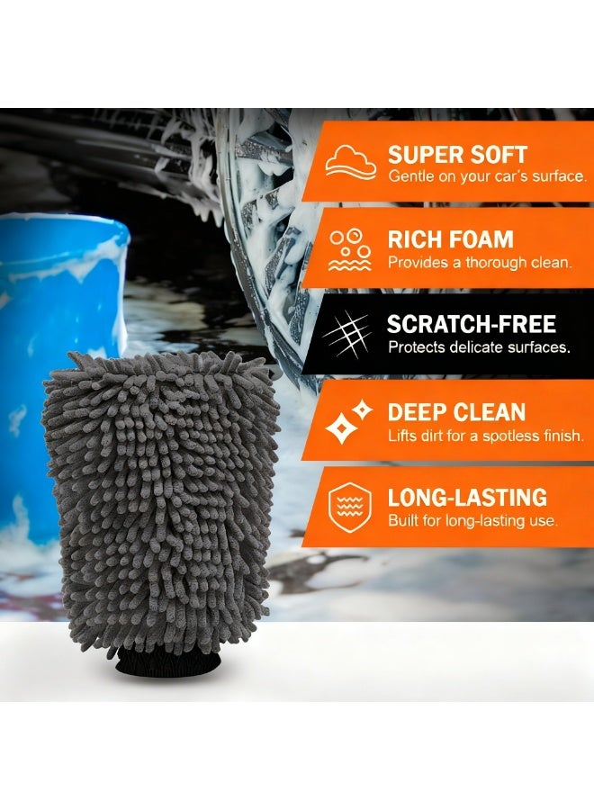 Car Wash Mitt, 2Pcs Chenille Microfiber Wash Mitt, Scratch-Free & Lint-Free, Rich Foam, Highly Absorbent, Double Sided, Perfect for Car Washing and Detailing, Grey - Image 5