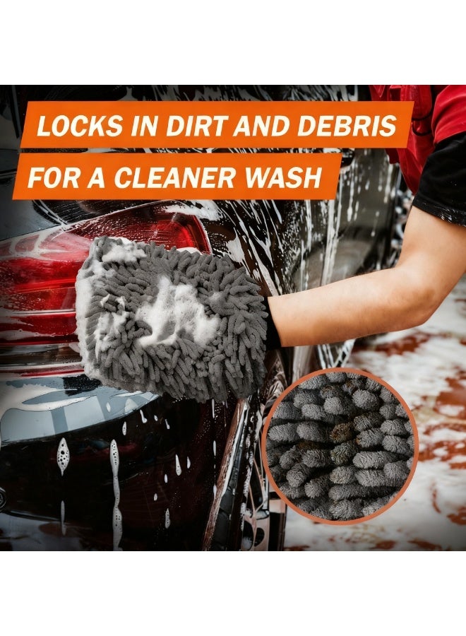Car Wash Mitt, 2Pcs Chenille Microfiber Wash Mitt, Scratch-Free & Lint-Free, Rich Foam, Highly Absorbent, Double Sided, Perfect for Car Washing and Detailing, Grey - Image 3