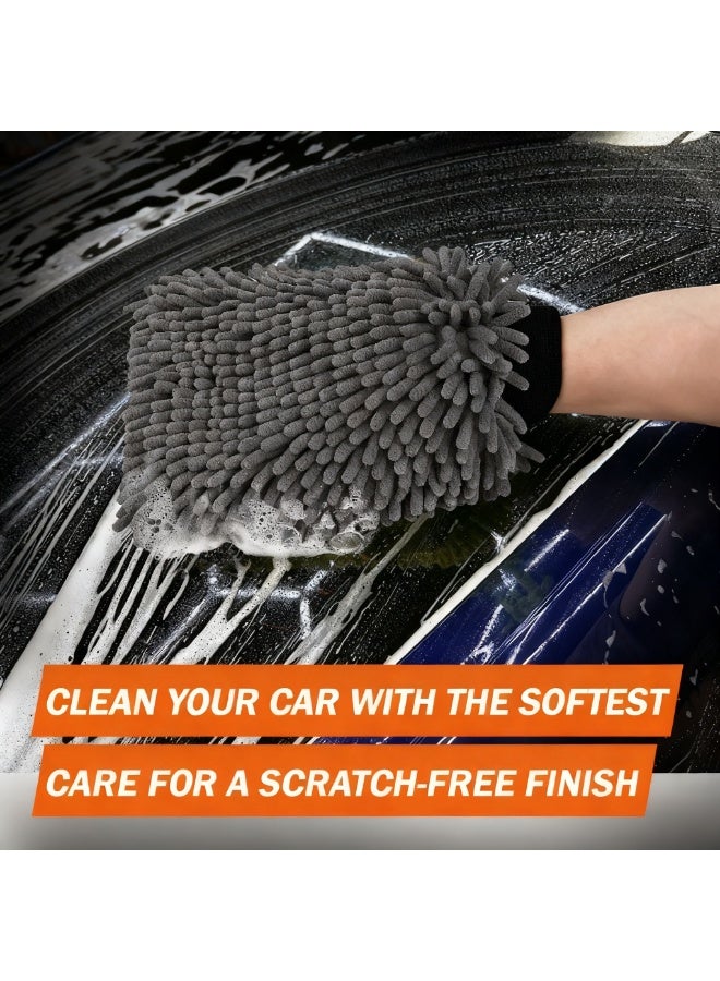 Car Wash Mitt, 2Pcs Chenille Microfiber Wash Mitt, Scratch-Free & Lint-Free, Rich Foam, Highly Absorbent, Double Sided, Perfect for Car Washing and Detailing, Grey - Image 2