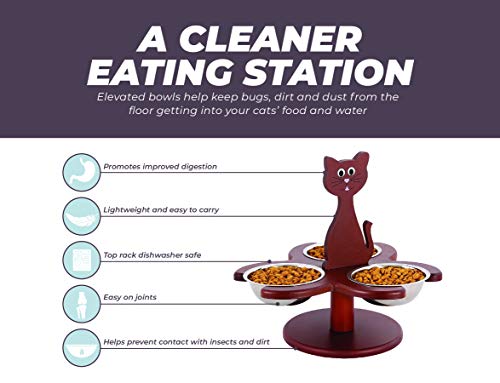 Etna Pet Store Elevated Cat Bowls - Wooden, Raised Pet Feeder Promotes Better Digestion, Easy on Joints - Multiple Feeder with 3 Removable Bowls for Food and Water - Brown - Image 3
