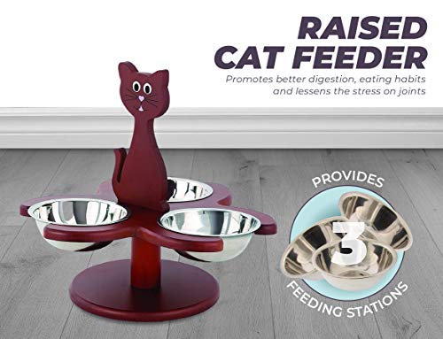 Etna Pet Store Elevated Cat Bowls - Wooden, Raised Pet Feeder Promotes Better Digestion, Easy on Joints - Multiple Feeder with 3 Removable Bowls for Food and Water - Brown - Image 2