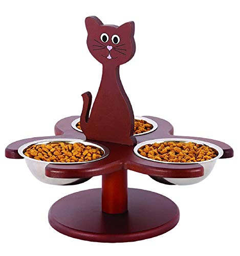 Etna Pet Store Elevated Cat Bowls - Wooden, Raised Pet Feeder Promotes Better Digestion, Easy on Joints - Multiple Feeder with 3 Removable Bowls for Food and Water - Brown - Image 1