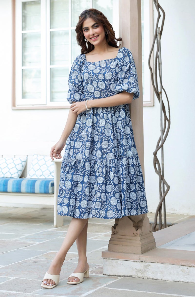 Janasya Women's Blue Pure Cotton Floral Printed Tiered Dress (JAC24DR01515-RE-L) - Image 2
