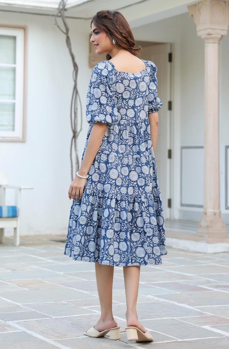 Janasya Women's Blue Pure Cotton Floral Printed Tiered Dress (JAC24DR01515-RE-L) - Image 4