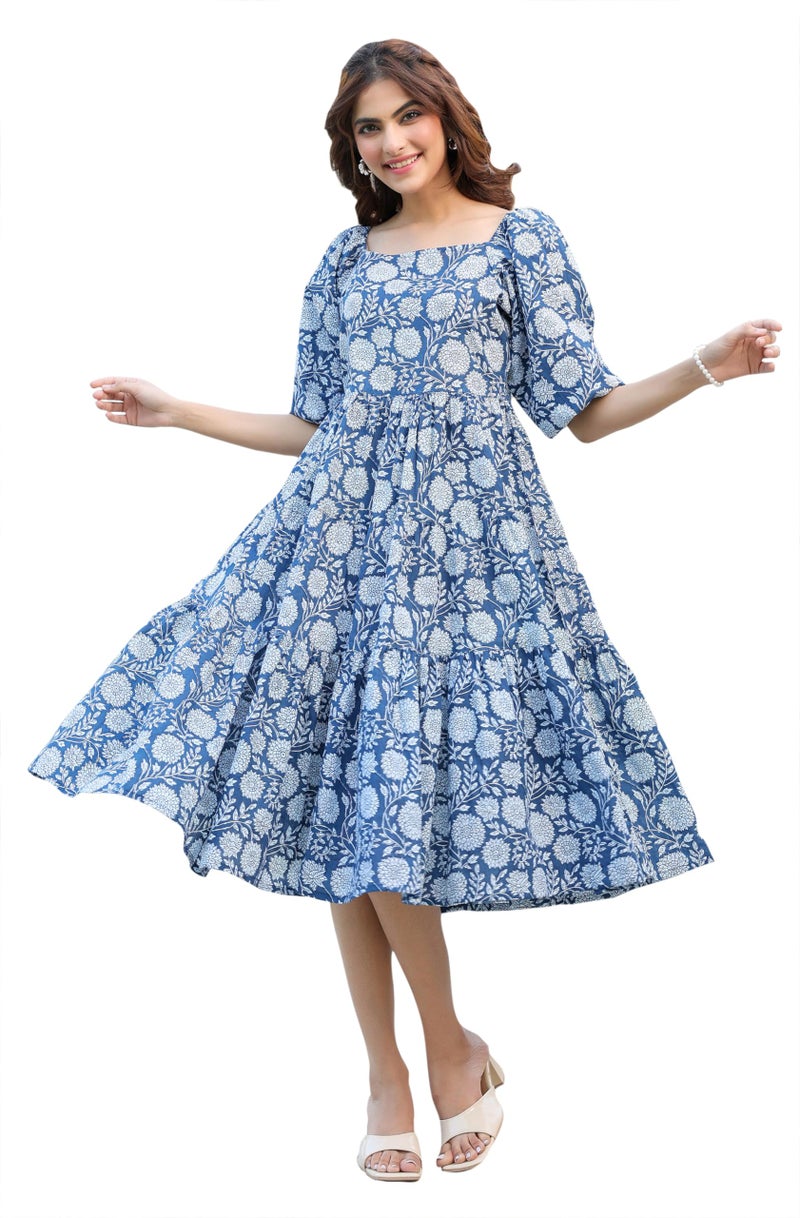 Janasya Women's Blue Pure Cotton Floral Printed Tiered Dress (JAC24DR01515-RE-L) - Image 1