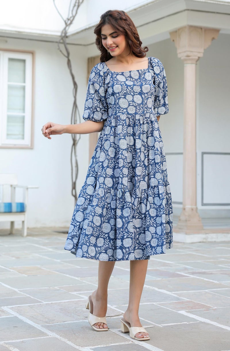 Janasya Women's Blue Pure Cotton Floral Printed Tiered Dress (JAC24DR01515-RE-L) - Image 5
