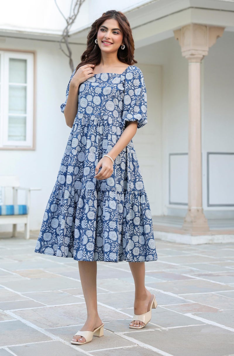 Janasya Women's Blue Pure Cotton Floral Printed Tiered Dress (JAC24DR01515-RE-L) - Image 3