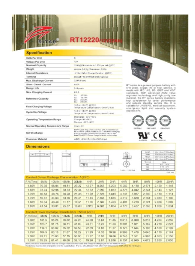 RITAR 12V Lead-Acid Battery, 22AH/20HR, Sealed Valve Regulated, RT12220 - Image 4