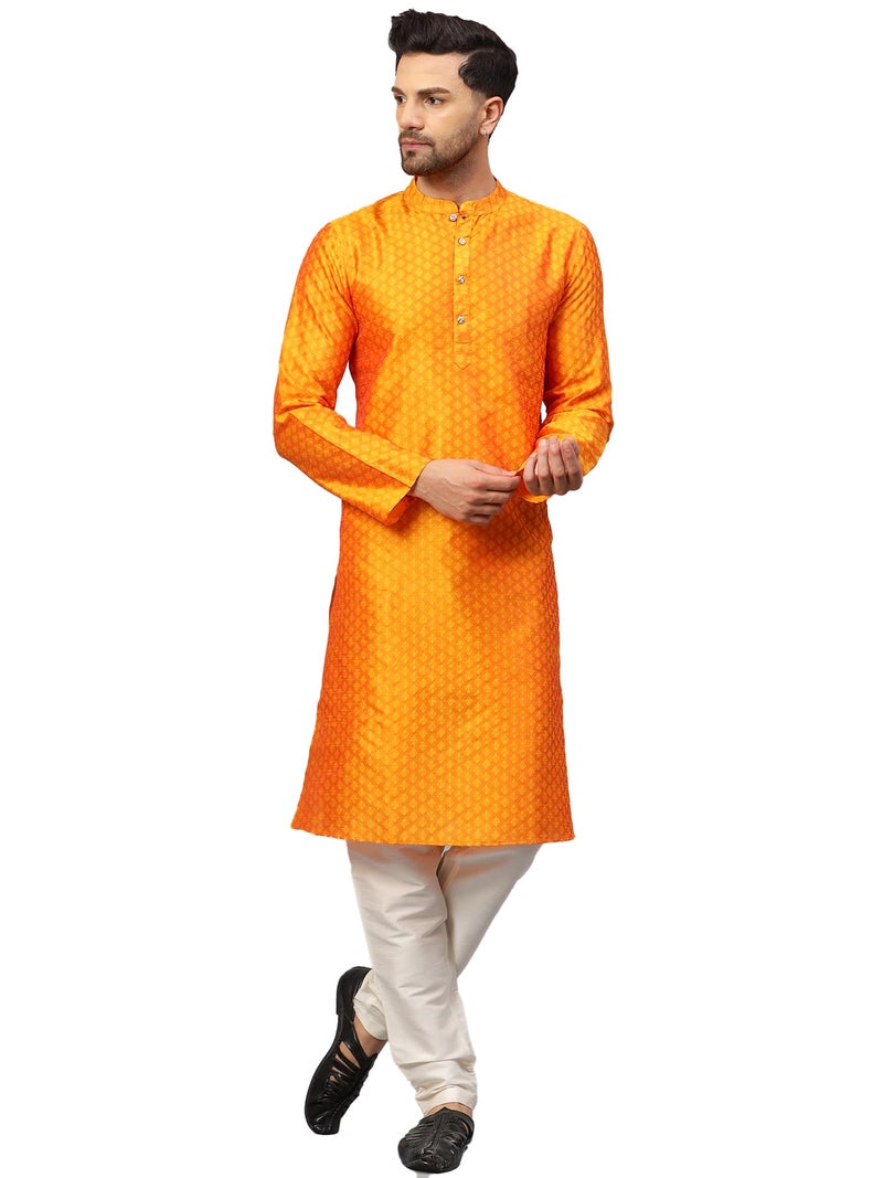 LATEST CHIKAN Men’s Silk Chikankari Kurta with Cream Churidar | Festive Set - KP-SB-O-42 - Image 1