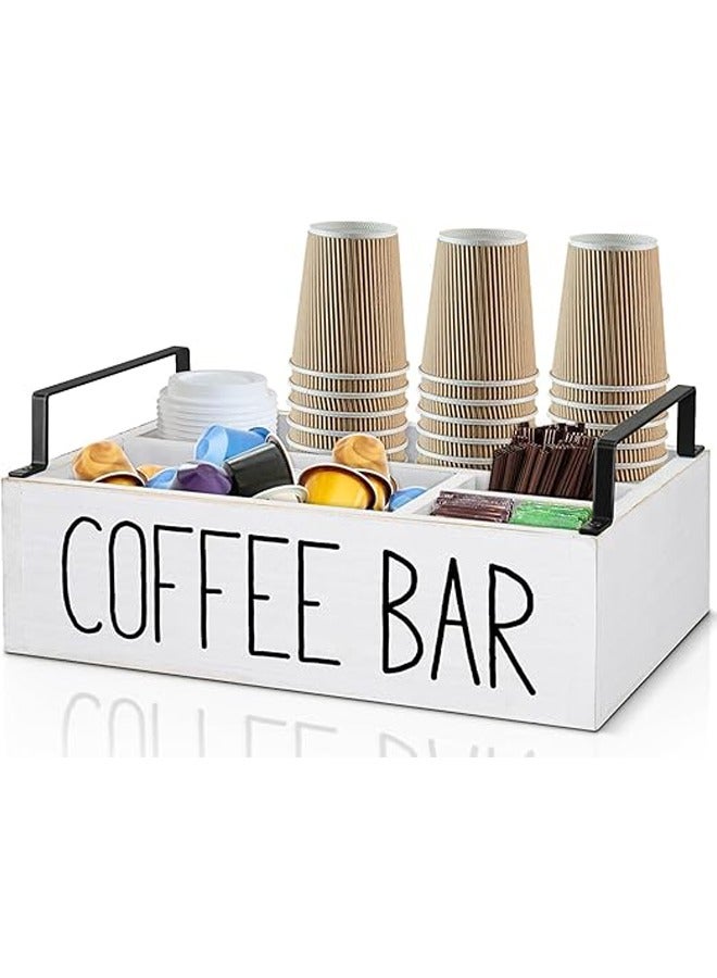 Arabest Coffee Station Organizer, Wooden Coffee Bar Accessories Organizer for Counter, Farmhouse Kcup Coffee Pod Holder Storage Basket with Handle, Coffee Bar Organizer Station for Coffee Bar Decor White  - Image 1