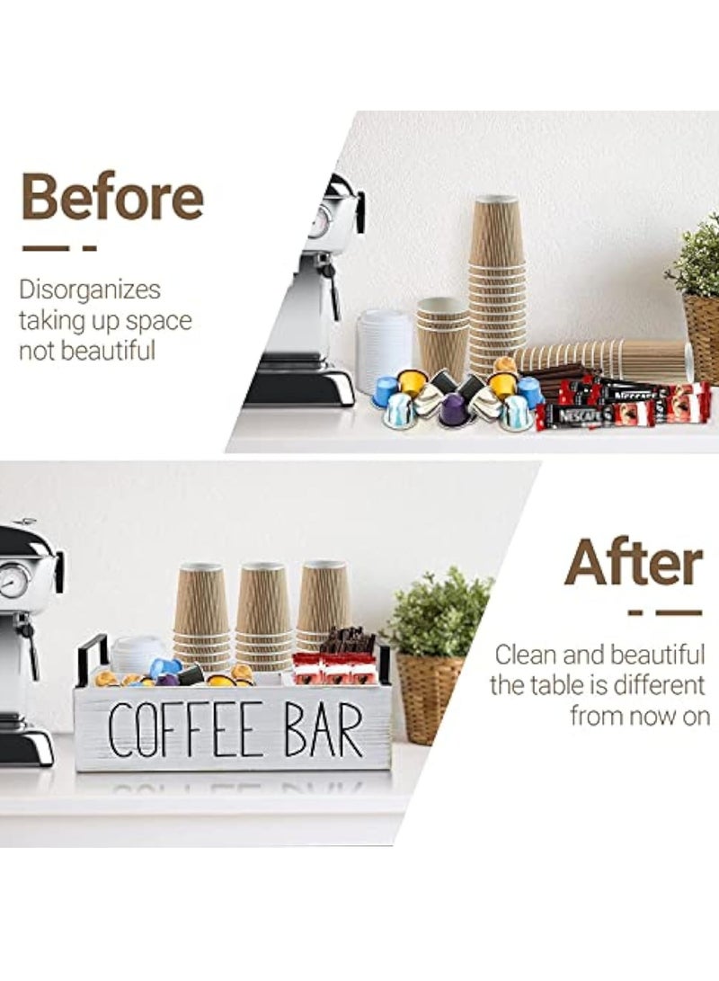 Arabest Coffee Station Organizer, Wooden Coffee Bar Accessories Organizer for Counter, Farmhouse Kcup Coffee Pod Holder Storage Basket with Handle, Coffee Bar Organizer Station for Coffee Bar Decor White  - Image 5