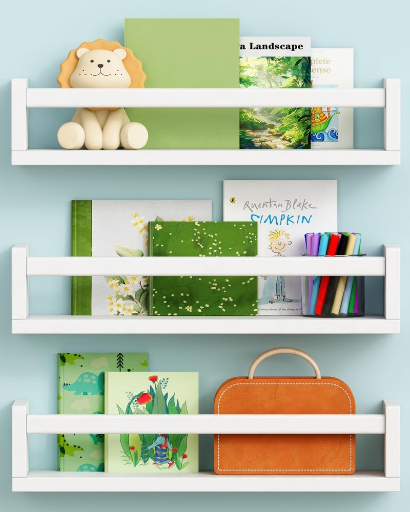 Harwaya White Nursery Floating Book Shelves for Wall Set of 3, Kids Wall Shelves for Baby Room Bedroom, Modern Hanging Bookshelf for Baby Toddler Children Girls Boys Decor and Toys Books Storage - Image 1