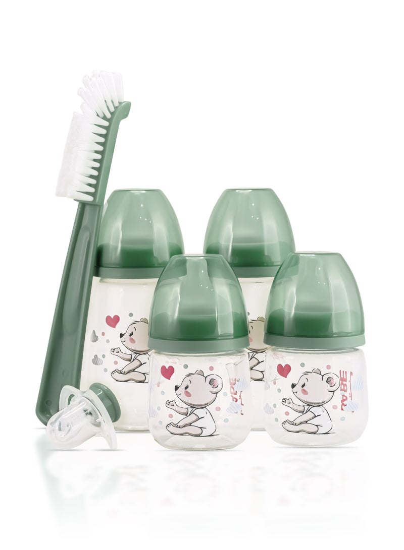 بابي مجموعة بيبي لحديثي الولادة | طقم تغذية للأطفال من 6 قطع | من عمر 0 أشهر فما فوق | خالية من مادة BPA | تتضمن زجاجتين واسعتي العنق بسعة 125 مل و250 مل مع حلمات سيليكون ناعمة، ولهاية واحدة، وفرشاة لتنظيف الزجاجة والحلمة | مستلزمات الطفل الأساسية للتغذية والفطام - Image 1