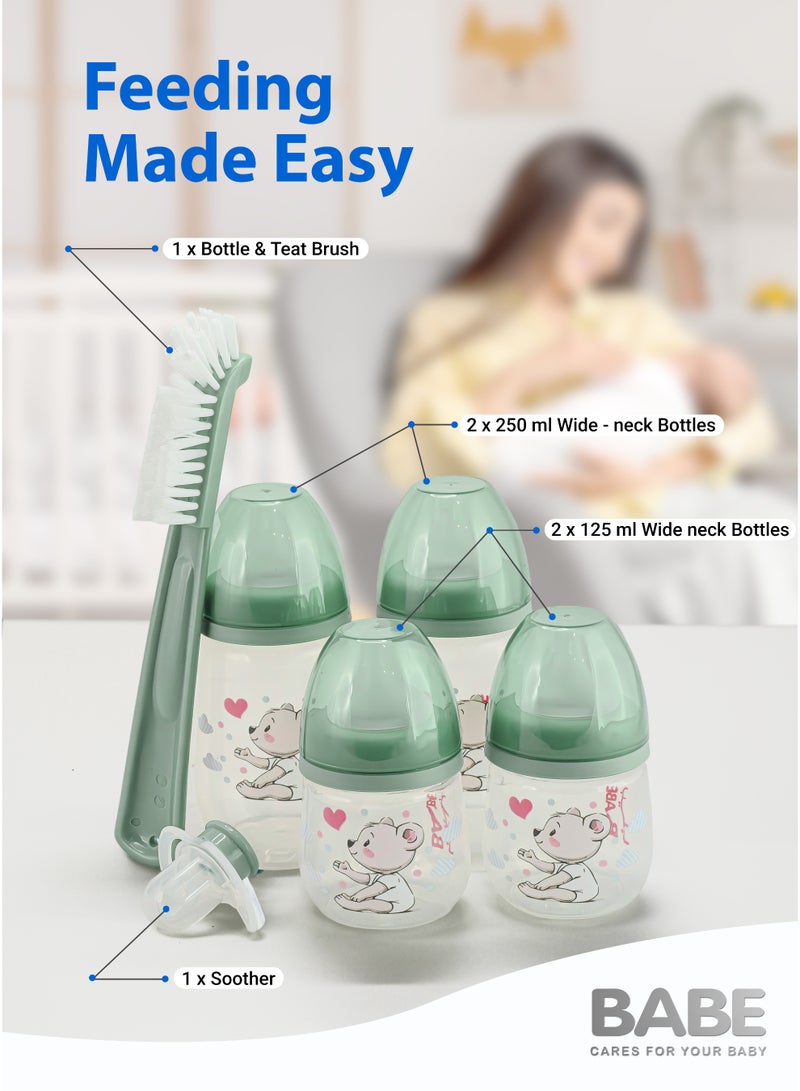 بابي مجموعة بيبي لحديثي الولادة | طقم تغذية للأطفال من 6 قطع | من عمر 0 أشهر فما فوق | خالية من مادة BPA | تتضمن زجاجتين واسعتي العنق بسعة 125 مل و250 مل مع حلمات سيليكون ناعمة، ولهاية واحدة، وفرشاة لتنظيف الزجاجة والحلمة | مستلزمات الطفل الأساسية للتغذية والفطام - Image 3