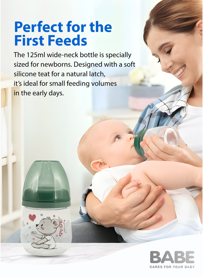 بابي مجموعة بيبي لحديثي الولادة | طقم تغذية للأطفال من 6 قطع | من عمر 0 أشهر فما فوق | خالية من مادة BPA | تتضمن زجاجتين واسعتي العنق بسعة 125 مل و250 مل مع حلمات سيليكون ناعمة، ولهاية واحدة، وفرشاة لتنظيف الزجاجة والحلمة | مستلزمات الطفل الأساسية للتغذية والفطام - Image 4